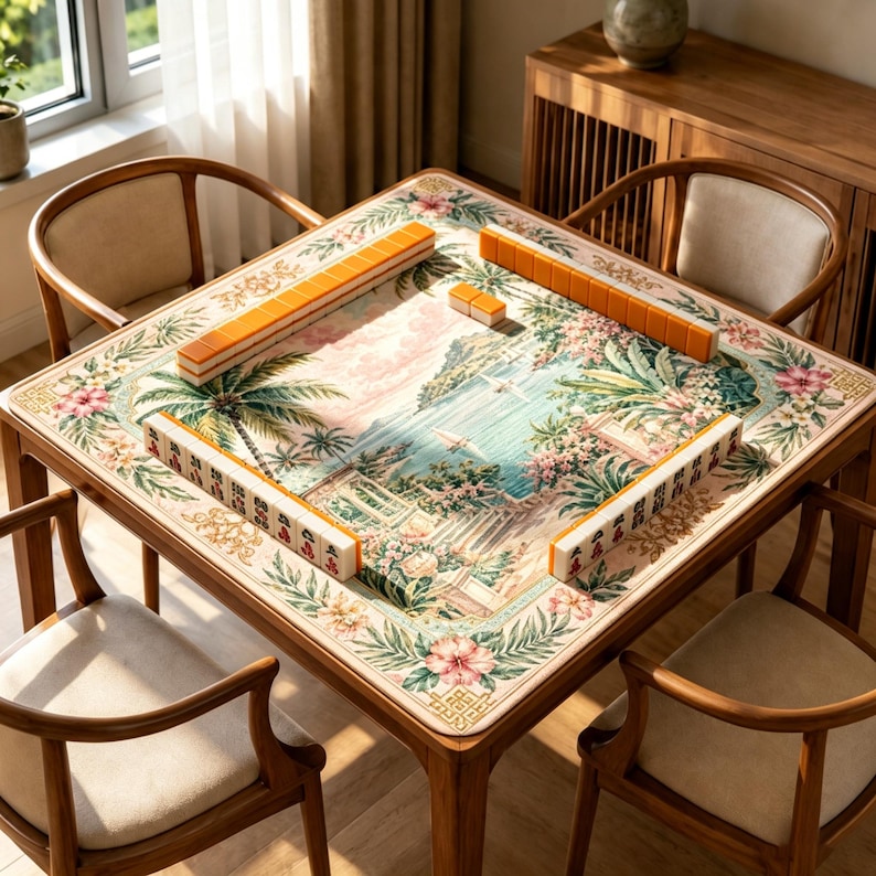 May include: A square mahjong table featuring a printed mat with a tropical coastal scene, including palm trees, flowers, and a sea view. The table is surrounded by four wooden chairs with beige cushions and holds orange and white mahjong tiles.