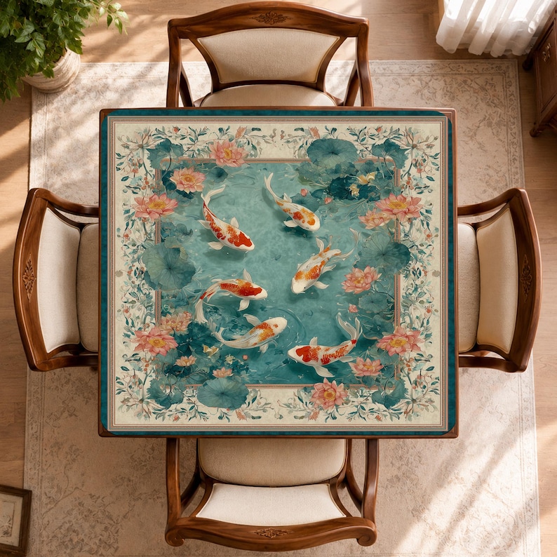 May include: A square table with a koi pond design, viewed from above. The table has a teal background with koi carp, lotus flowers, and lily pads. Four wooden chairs with cream seats surround the table. The table is approximately 100 cm x 100 cm.