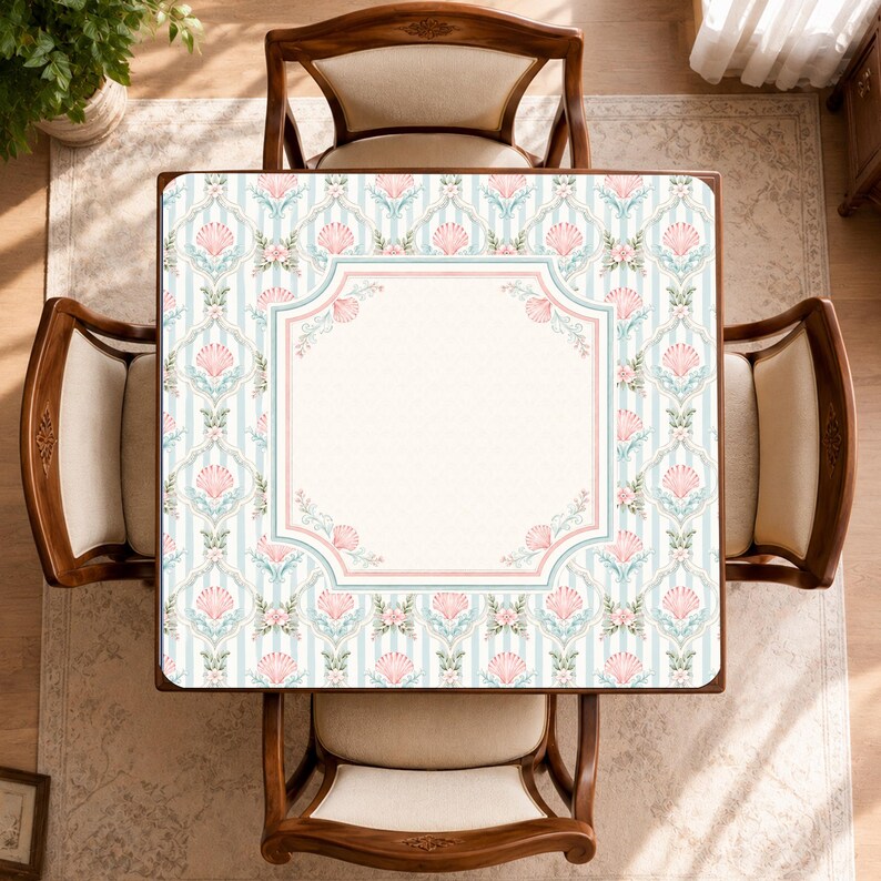 Seashell Mahjong Mat, Coastal Stripe Game Table Cover, Non Slip Jacquard Board Game Mat, Beach House Mahjong Gift image 7