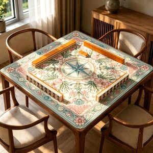 May include: A square mahjong table mat featuring a central blue compass rose surrounded by floral and seashell motifs in soft pink, green, and teal. The mat is bordered by a decorative pattern and holds orange mahjong tiles arranged in rows.
