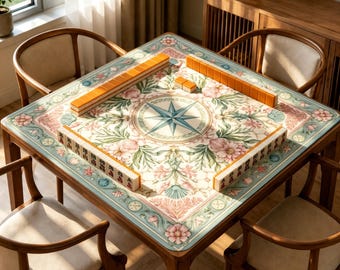 Coastal Floral Compass Mahjong Mat, Seashell Mahjong Table Mat, Pastel Beach Mahjong Mat, Non Slip Jacquard Game Mat, Nautical Gift