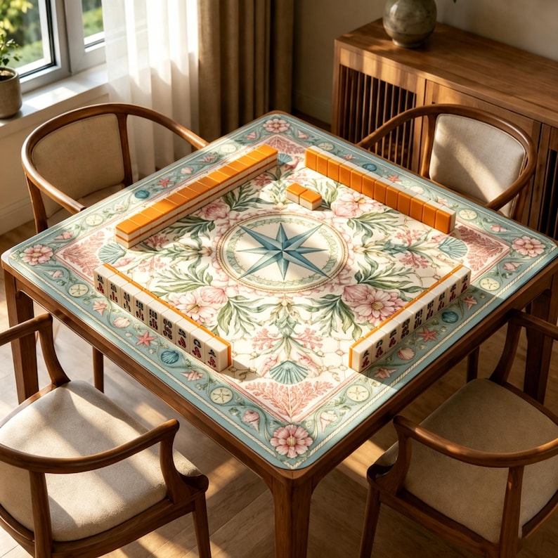 May include: A square mahjong table mat featuring a central blue compass rose surrounded by floral and seashell motifs in soft pink, green, and teal. The mat is bordered by a decorative pattern and holds orange mahjong tiles arranged in rows.
