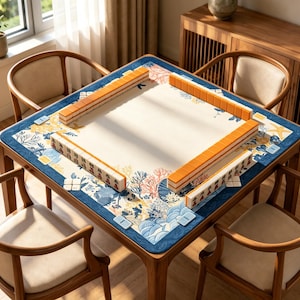 May include: A wooden mahjong table with a cream playing surface and a blue floral border. Orange and white mahjong tiles are arranged on the table. Four wooden chairs surround the table, creating a setting for a game. The table is approximately 90 cm square.