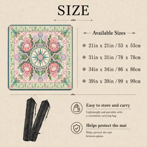 May include: A square mat featuring a central compass rose surrounded by pink protea flowers, coral, and seashells, with a border of seahorses and lighthouses. Available sizes include 21in x 21in, 31in x 31in, 34in x 34in, and 39in x 39in, with a black carrying bag.