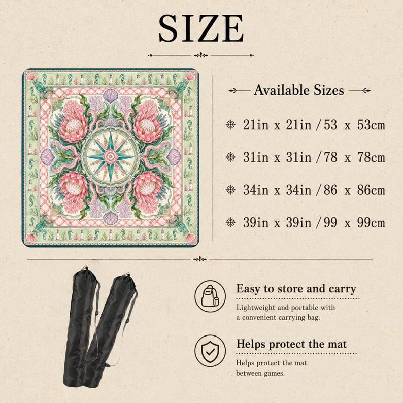 May include: A square mat featuring a central compass rose surrounded by pink protea flowers, coral, and seashells, with a border of seahorses and lighthouses. Available sizes include 21in x 21in, 31in x 31in, 34in x 34in, and 39in x 39in, with a black carrying bag.