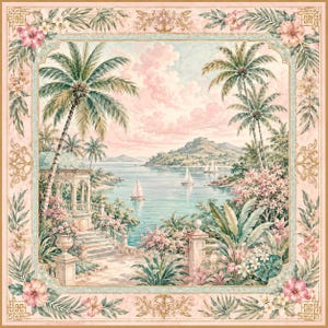 May include: A square decorative textile featuring a tropical coastal scene with palm trees, a gazebo, and sailboats on the water. The border is adorned with pink hibiscus flowers and gold filigree patterns on a soft pink background.