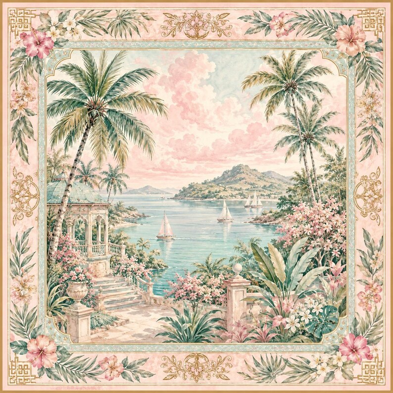 May include: A square decorative textile featuring a tropical coastal scene with palm trees, a gazebo, and sailboats on the water. The border is adorned with pink hibiscus flowers and gold filigree patterns on a soft pink background.