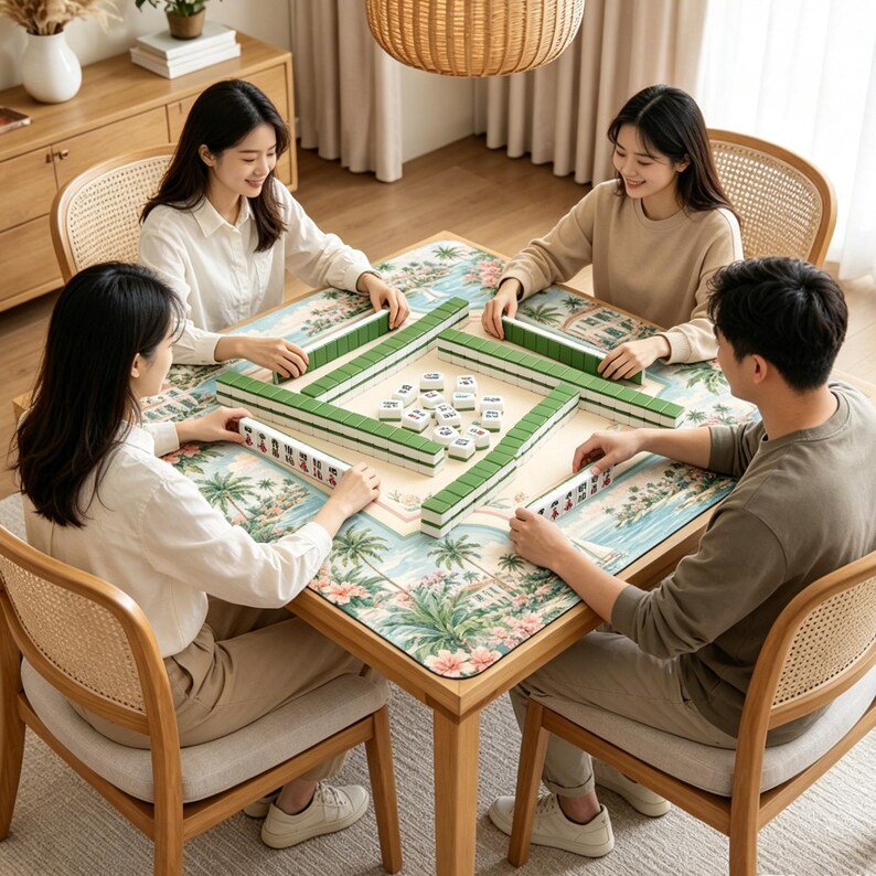 May include: A square wooden table with a tropical-themed mat featuring palm trees and flowers, set with a Mahjong game. Four people are seated around the table, each holding a rack of green and white tiles, with additional tiles in the center.