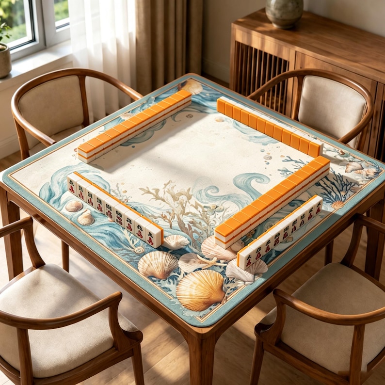 Op de afbeelding: Een vierkante houten mahjongtafel met een maritiem thema, met schelpen en oceaangolven. De tafel is omringd door vier houten stoelen. Oranje en witte mahjongtegels zijn op het tafeloppervlak geplaatst.