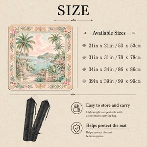 May include: A square mat featuring a tropical coastal landscape with palm trees, sailboats, and a stone terrace. Text includes SIZE, Available Sizes, 21in x 21in, 31in x 31in, 34in x 34in, 39in x 39in, Easy to store and carry, and Helps protect the mat.
