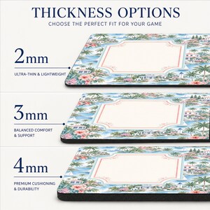 May include: Three rectangular mouse pads with a tropical coastal pattern featuring palm trees, houses, and flowers. The image displays thickness options of 2mm, 3mm, and 4mm, labeled as ultra-thin, balanced comfort, and premium cushioning respectively.