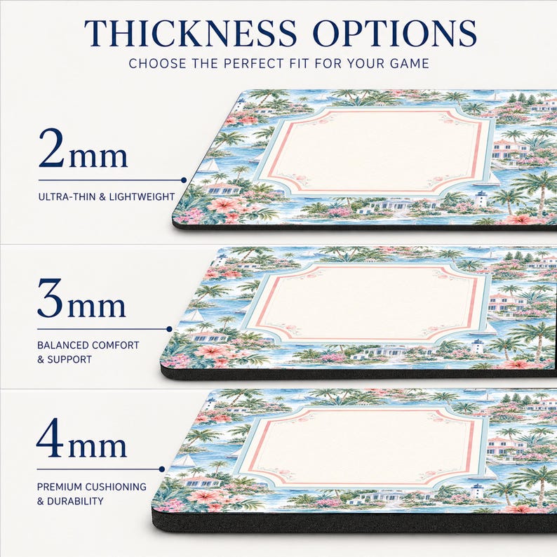 May include: Three rectangular mouse pads with a tropical coastal pattern featuring palm trees, houses, and flowers. The image displays thickness options of 2mm, 3mm, and 4mm, labeled as ultra-thin, balanced comfort, and premium cushioning respectively.