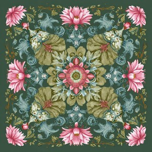 May include: A square textile print featuring a symmetrical floral pattern on a dark green background. The design includes pink lotus-like flowers at the edges and center, surrounded by intricate olive green foliage and light blue acanthus leaves.