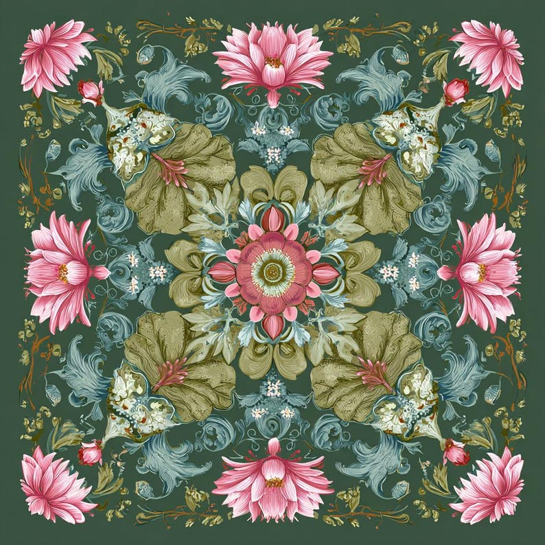 May include: A square textile print featuring a symmetrical floral pattern on a dark green background. The design includes pink lotus-like flowers at the edges and center, surrounded by intricate olive green foliage and light blue acanthus leaves.