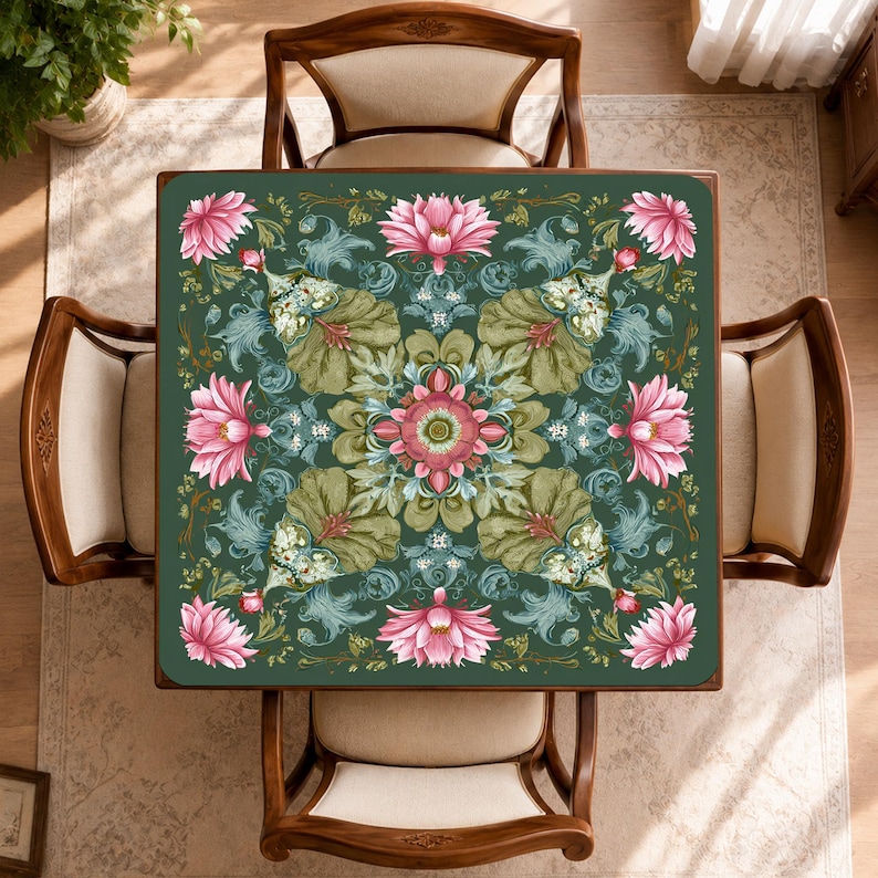 May include: A square table cover featuring a dark green background with a symmetrical floral pattern. The design includes large pink lotus flowers, intricate light green foliage, and decorative swirls arranged in a repeating motif.