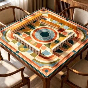 May include: A square mahjong table featuring a colorful mat with a geometric pattern in shades of orange, teal, green, and cream. The mat displays a central circular design and is topped with rows of orange and white mahjong tiles arranged in a square.