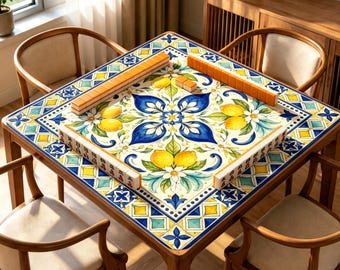 Lemon Garden Mahjong Mat, Mediterranean Tile Floral Game Mat, Non Slip Jacquard Mahjong Table Mat, Blue Yellow Hostess Gift