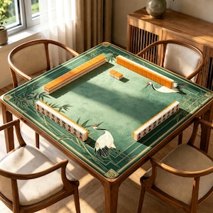 May include: A square wooden game table featuring a green felt surface with printed illustrations of white cranes and bamboo stalks. The table is set with rows of orange and white mahjong tiles arranged in a square formation on the playing surface.