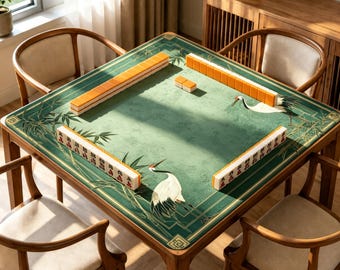 Crane Bamboo Mahjong Mat, Sage Green Chinoiserie Game Table Cover, Non Slip Jacquard Board Game Mat, Elegant Mahjong Gift