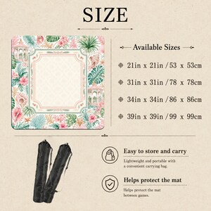May include: A square mat featuring a tropical botanical and seashell pattern with a central decorative frame. Text includes SIZE, Available Sizes, 21in x 21in, 31in x 31in, 34in x 34in, 39in x 39in, Easy to store and carry, and Helps protect the mat.