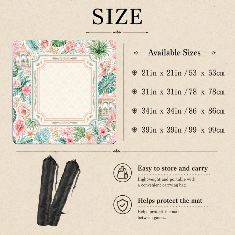 May include: A square mat featuring a tropical botanical and seashell pattern with a central decorative frame. Text includes SIZE, Available Sizes, 21in x 21in, 31in x 31in, 34in x 34in, 39in x 39in, Easy to store and carry, and Helps protect the mat.