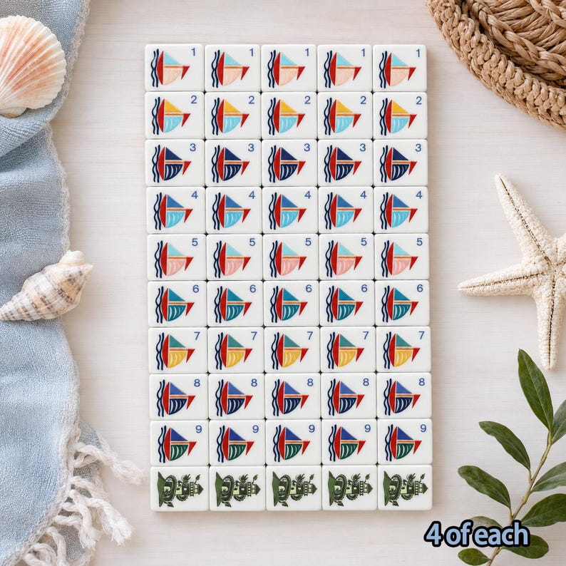 May include: A rectangular grid of white tiles featuring colorful sailboat illustrations and numbers one through nine, with a final row of green lighthouse icons. The sailboat designs vary in color combinations, and the tiles are arranged in a five-by-ten layout.