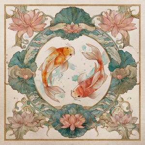May include: A square decorative print featuring two koi fish swimming in a circular motion within a central medallion. The fish are orange and red, surrounded by teal lotus leaves and soft pink lotus flowers in a symmetrical arrangement.