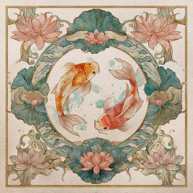 May include: A square decorative print featuring two koi fish swimming in a circular motion within a central medallion. The fish are orange and red, surrounded by teal lotus leaves and soft pink lotus flowers in a symmetrical arrangement.