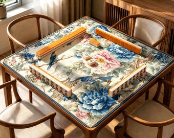 Blue Peony Bird Mahjong Mat, Chinoiserie Garden Game Mat, Non Slip Table Mat Gift