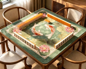 Koi & Lotus Pond Mahjong Mat, Vintage Floral Water Garden Game Mat, Non Slip Mahjong Table Mat, Elegant Asian Inspired Gift