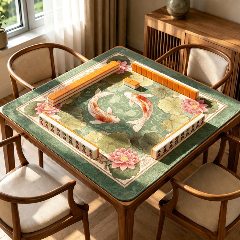 May include: A square mahjong table featuring a green felt mat with a printed design of two koi fish and pink lotus flowers. The table is set with rows of orange and white mahjong tiles arranged in a square formation, surrounded by four wooden chairs.