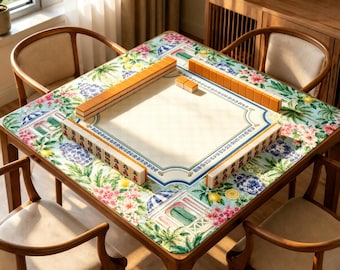 Lemon Garden Mahjong Mat, Tropical Chinoiserie Game Table Cover, Non Slip Jacquard Board Game Mat, Palm Floral Mahjong Gift