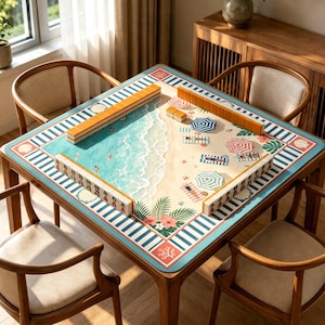 May include: A square mahjong table featuring a play mat with a beach scene illustration, including blue ocean waves, sandy shores, beach umbrellas, and palm leaves. The table is surrounded by four wooden chairs with light-colored cushions.