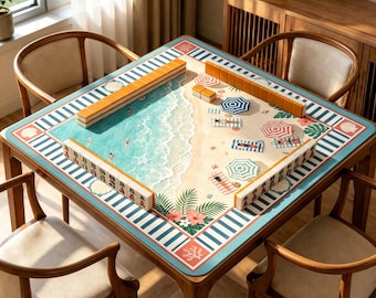 Beach Mahjong Mat, Coastal Summer Game Table Cover, Non Slip Jacquard Board Game Mat, Ocean Vacation Mahjong Gift