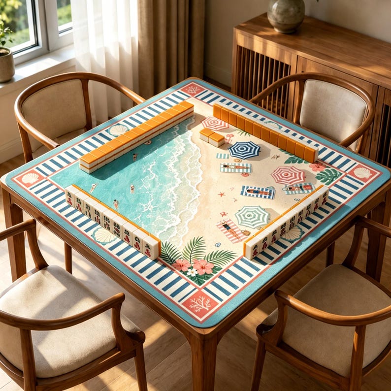 May include: A square mahjong table featuring a play mat with a beach scene illustration, including blue ocean waves, sandy shores, beach umbrellas, and palm leaves. The table is surrounded by four wooden chairs with light-colored cushions.