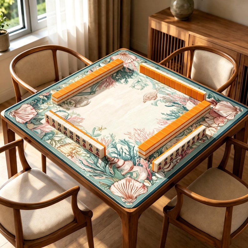 May include: A square mahjong table featuring a play mat with a printed design of seashells, coral, and seaweed in shades of pink, green, and teal. The table is set with four rows of orange-backed mahjong tiles arranged in a square formation.