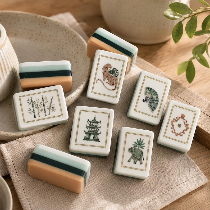 Pu&ograve; includere: Una collezione di tessere rettangolari da mahjong con facce color crema che presentano illustrazioni dettagliate di un leopardo, bamb&ugrave;, una pagoda, un ventaglio, un elefante e una cornice decorata, insieme a tessere con strisce verdi e beige.