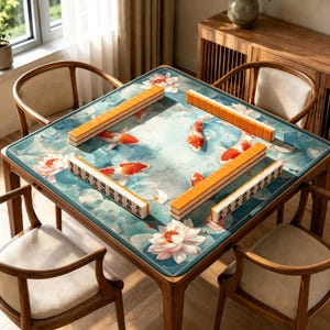 Peut inclure: Une table de mah-jong carr&eacute;e dot&eacute;e d'un tapis bleu orn&eacute; d'un motif de carpes ko&iuml; orange et blanches et de fleurs de lotus blanches. Quatre chaises en bois &agrave; coussins beiges entourent la table, dispos&eacute;e avec des rang&eacute;es de tuiles de mah-jong.