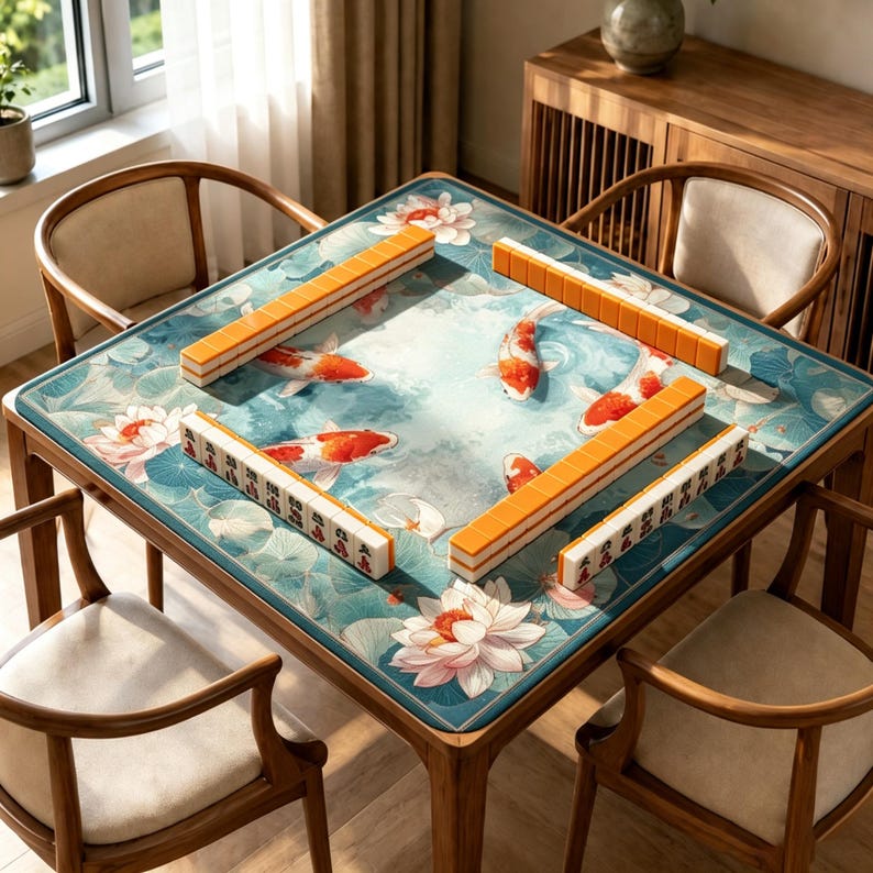 Peut inclure: Une table de mah-jong carr&eacute;e dot&eacute;e d'un tapis bleu orn&eacute; d'un motif de carpes ko&iuml; orange et blanches et de fleurs de lotus blanches. Quatre chaises en bois &agrave; coussins beiges entourent la table, dispos&eacute;e avec des rang&eacute;es de tuiles de mah-jong.