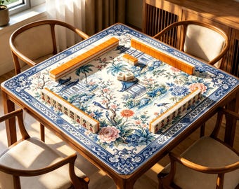 Blue Chinoiserie Mahjong Mat, Pagoda Garden Game Mat, Non Slip Table Mat Gift