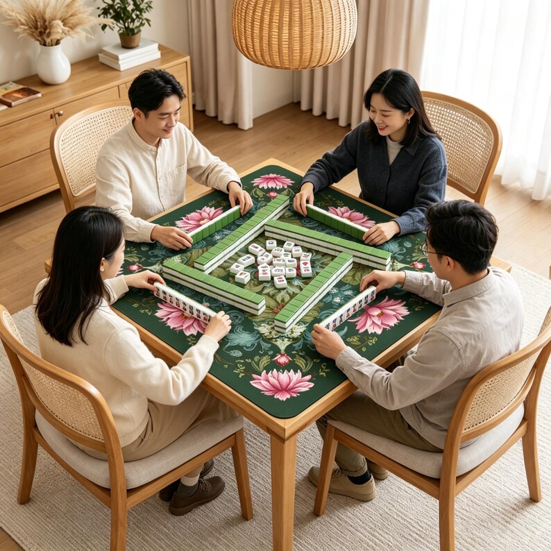 May include: A square wooden table with a dark green felt mat featuring a pink lotus flower pattern. Four people are seated around the table playing a game with white rectangular tiles. The tiles are arranged in rows and scattered in the center.