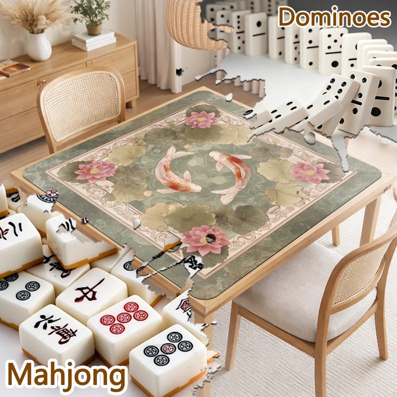 May include: A square game table mat featuring a green background with a central illustration of two koi fish swimming among pink lotus flowers and green lily pads. The mat is surrounded by white mahjong tiles and white dominoes.