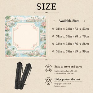 May include: A square mat featuring a tropical coastal scene with palm trees, buildings, and flowers, surrounding a central cream-colored area. Text lists sizes 21in x 21in, 31in x 31in, 34in x 34in, and 39in x 39in, with two black carrying bags.