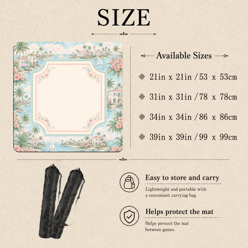 May include: A square mat featuring a tropical coastal scene with palm trees, buildings, and flowers, surrounding a central cream-colored area. Text lists sizes 21in x 21in, 31in x 31in, 34in x 34in, and 39in x 39in, with two black carrying bags.