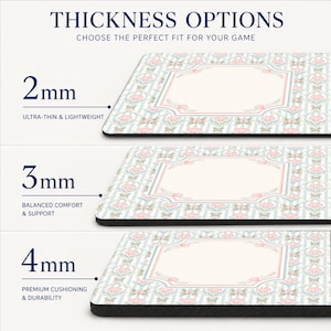 May include: A rectangular mouse pad with a light blue and white striped background featuring a floral pattern and a central blank frame. The image displays three thickness options labelled 2mm, 3mm, and 4mm, with text describing each level of cushioning.