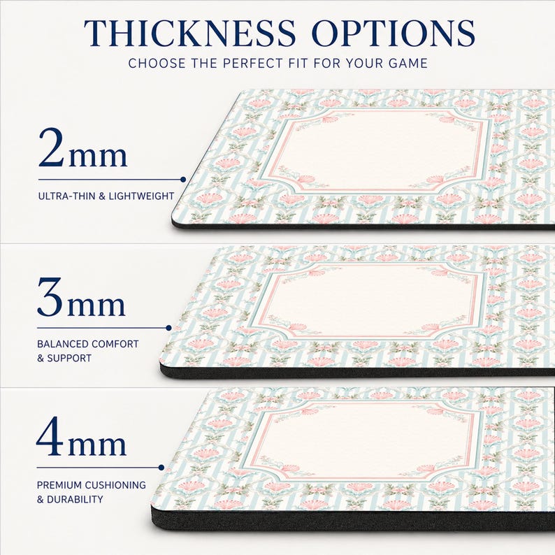 May include: A rectangular mouse pad with a light blue and white striped background featuring a floral pattern and a central blank frame. The image displays three thickness options labelled 2mm, 3mm, and 4mm, with text describing each level of cushioning.