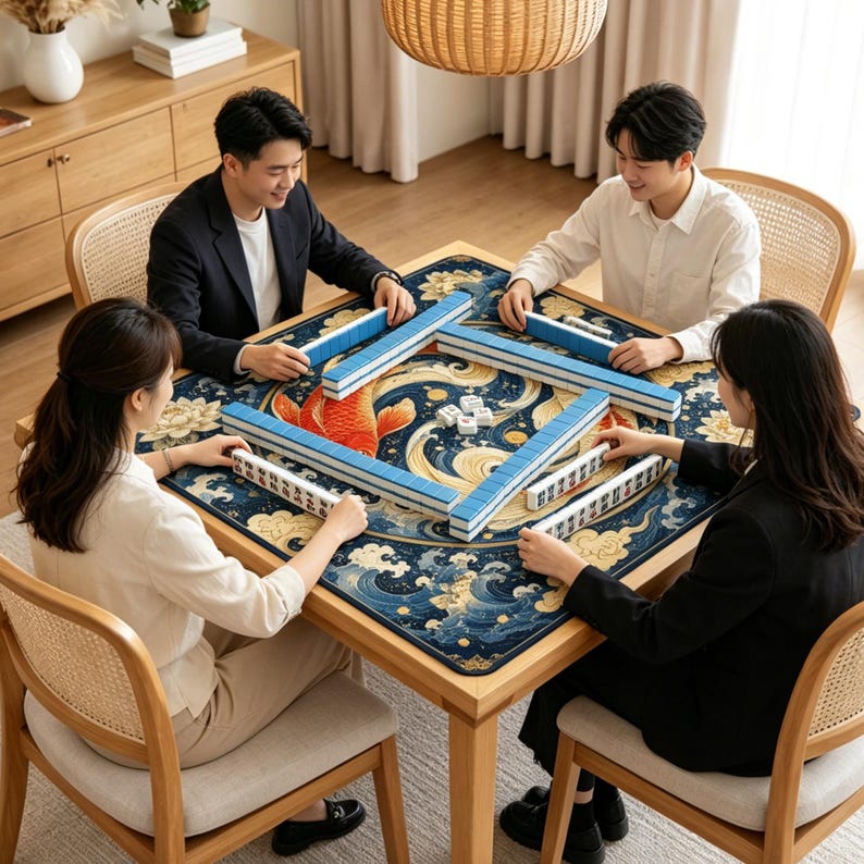 Koi Yin Yang Mahjong Mat, Lotus Pond Mahjong Table Mat, Blue Chinoiserie Mahjong Mat, Non Slip Jacquard Game Mat, Oriental Style Gift image 7