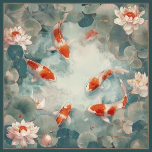 Peut inclure: Un foulard carr&eacute; pr&eacute;sentant une illustration d&eacute;taill&eacute;e de cinq carpes ko&iuml; orange et blanches nageant dans un &eacute;tang. La sc&egrave;ne est entour&eacute;e de fleurs de lotus rose p&acirc;le et de grands n&eacute;nuphars verts arrondis sur un fond d'eau bleu sarcelle doux.