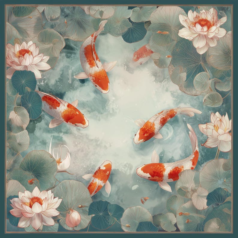Peut inclure: Un foulard carr&eacute; pr&eacute;sentant une illustration d&eacute;taill&eacute;e de cinq carpes ko&iuml; orange et blanches nageant dans un &eacute;tang. La sc&egrave;ne est entour&eacute;e de fleurs de lotus rose p&acirc;le et de grands n&eacute;nuphars verts arrondis sur un fond d'eau bleu sarcelle doux.