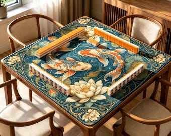 May include: A square mahjong table featuring a blue mat with a detailed koi fish and lotus flower pattern. The mat is surrounded by four wooden chairs with light-colored cushions. Rectangular mahjong tiles are arranged in rows on the mat.